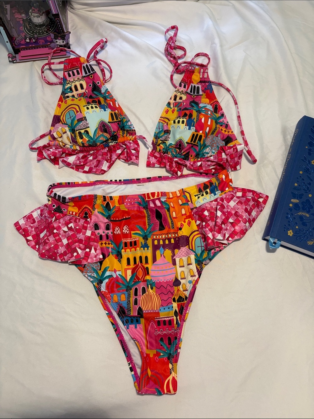 Women's Multicolor Printed Ruffle Bikini Set - Pink Accents